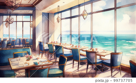 海の見える観光地のレストラン　水彩イラスト　建築パース　AI画像 99737705