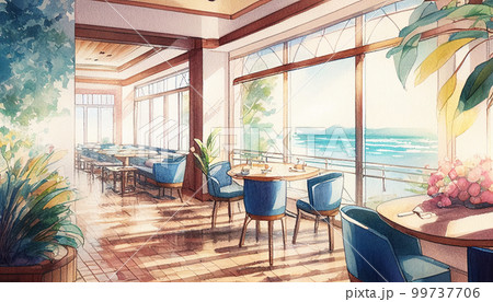 海の見える観光地のレストラン　水彩イラスト　建築パース　AI画像 99737706
