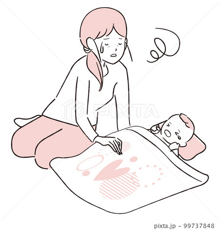 手描き1color 育児 夜泣きに寝不足の母親 手描き1color 育児 夜泣きに寝不足の母親 99737848