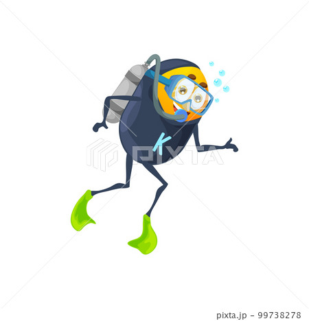 Cartoon vitamin K character on diving in sea under water with scuba dive equipment. Vector positive phylloquinone capsule in wetsuit with oxygen tank and fins. Isolated personage having fun at depth 99738278