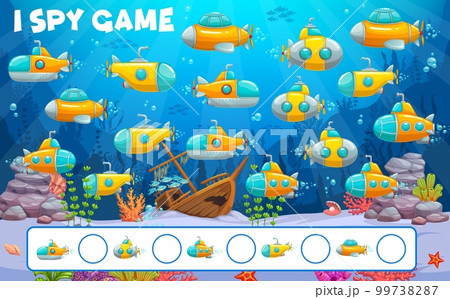 Cartoon underwater submarine and bathyscaphe i spy game worksheet. Kids vector riddle count how many sub boats on sea bottom. Children test, education task for family recreation, brainteaser fun 99738287