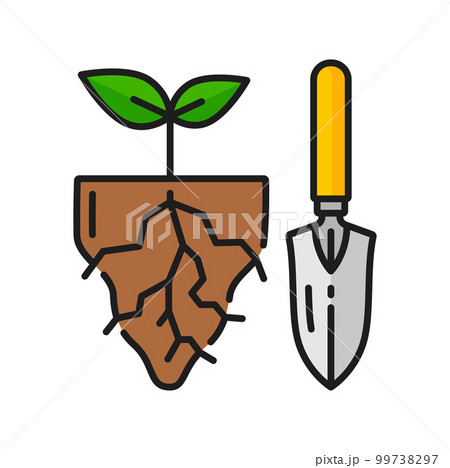 Gardening and farming agriculture, agronomy color line icon. Sapling cultivation thin line vector icon with sprout in soil and gardening scoop. Plant or seed grow, farming outline pictogram Gardening and farming agriculture, agronomy color line icon. Sapling cultivation thin line vector icon with sprout in soil and gardening scoop. Plant or seed grow, farming outline pictogram 99738297