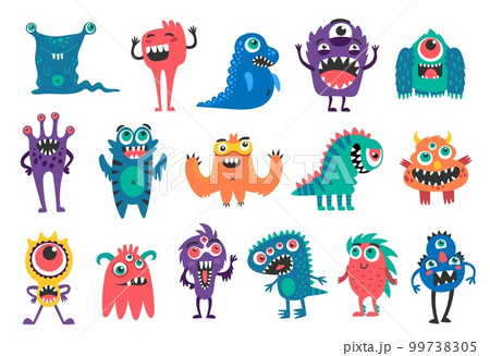 Cartoon monster characters, funny creatures or bizarre alien animals, vector cheerful personages. Cute cartoon happy monsters, trolls and yeti bigfoot for kids, dragon and big eye cyclops with gremlin 99738305