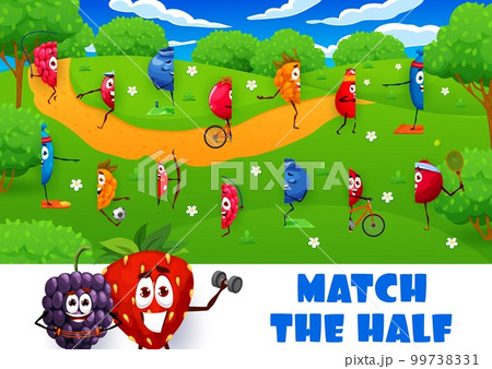 Match half of cartoon cheerful berry characters on summer meadow, vector quiz game. Strawberry, raspberry and blueberry with blackberry, picture match puzzle worksheet to find same correct half 99738331