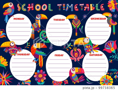 Timetable schedule, Brazilian and Mexican toucan birds and flowers, vector weekly planner. School or kindergarten lessons week plan or timetable schedule with colorful tropical toucans and flowers 99738365