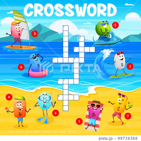 Crossword grid cartoon vitamin characters on summer vacation. Quiz game with funny vector food supplement N lipoic acid, B1 thiamine, D calciferol, U, C ascorbate calcium, B3, B12, B5 capsules by sea Crossword grid cartoon vitamin characters on summer vacation. Quiz game with funny vector food supplement N lipoic acid, B1 thiamine, D calciferol, U, C ascorbate calcium, B3, B12, B5 capsules by sea 99738368
