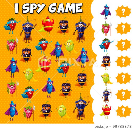 I spy game cartoon superhero berry characters. Kids vector mind development riddle worksheet with honeyberry, raspberry, strawberry and blackberry, gooseberry or rosehip super hero personages I spy game cartoon superhero berry characters. Kids vector mind development riddle worksheet with honeyberry, raspberry, strawberry and blackberry, gooseberry or rosehip super hero personages 99738378
