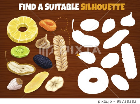Dried fruits find a suitable silhouette kids game. Vector shadow match worksheet riddle with pineapple, kiwi, dates, and apple, raisin, melon braid, banana and apricot, mango or persimmon logic test Dried fruits find a suitable silhouette kids game. Vector shadow match worksheet riddle with pineapple, kiwi, dates, and apple, raisin, melon braid, banana and apricot, mango or persimmon logic test 99738382