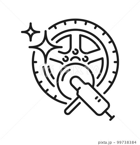 Wheel disc car polishing. Washing and polishing of car tire wheels isolated outline icon. Vector carwash, vehicle cleaning, automobile tyre maintenance Wheel disc car polishing. Washing and polishing of car tire wheels isolated outline icon. Vector carwash, vehicle cleaning, automobile tyre maintenance 99738384
