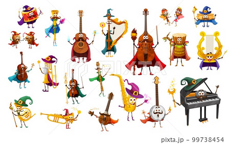 Cartoon musical instrument wizard, warlock, fairy and witch, magician and sorcerer characters or personages. Vector violin, guitar and harp, grand piano, saxophone and trumpet or flute with banjo 99738454