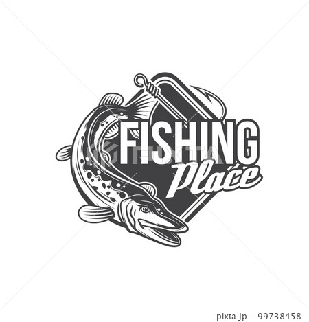 Pike fishing icon, vector fish and fisherman tackle hook. Fishing sport equipment and angler items with pike or predatory freshwater fish isolated badge, fisherman club emblem or outdoor hobby symbol 99738458