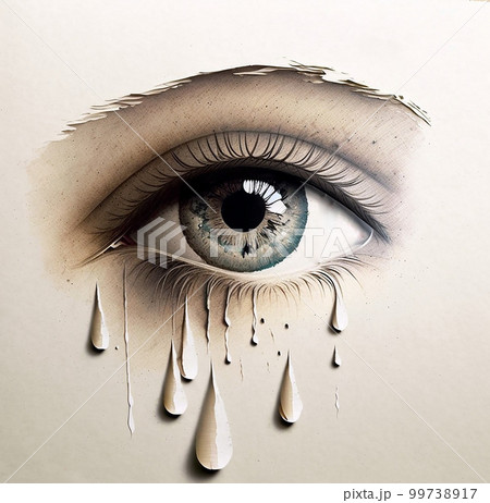 悲しげに涙を流している片目のリアルなイラストが描かれている白い紙 99738917