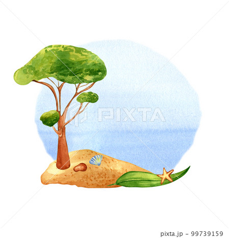 Seashore, ocean beach, seashell, starfish watercolor illustration isolated. Seashore, ocean beach, seashell, starfish watercolor illustration isolated. 99739159