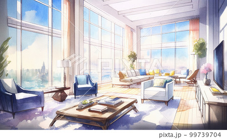 ペントハウスのリビングルーム　水彩イラスト　内観パース　AI画像 99739704