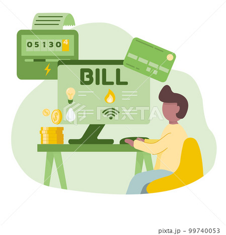 Sustainability illustration in flat style. Energy efficiency in household and industry. Person checks heating meter and pays household utility bill on website. Home energy efficiency audit concept. 99740053