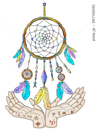 Mystic colorful styled illustration with occult, esoteric and gothic symbols of hands and dreamcatcher isolated on white, mysterious emblem and Halloween concept Mystic colorful styled illustration with occult, esoteric and gothic symbols of hands and dreamcatcher isolated on white, mysterious emblem and Halloween concept 99740690