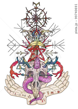 Mystic colorful styled illustration with occult, esoteric and gothic symbols isolated on white, mysterious emblem and Halloween concept Mystic colorful styled illustration with occult, esoteric and gothic symbols isolated on white, mysterious emblem and Halloween concept 99740691