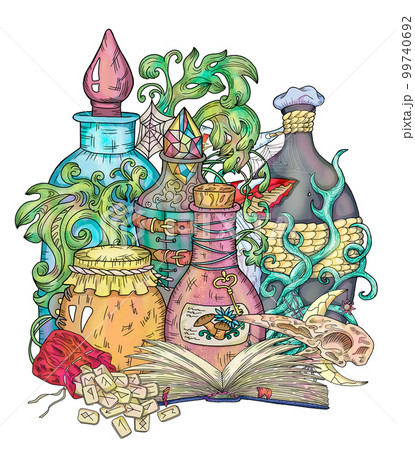 Mystic colorful styled illustration with occult, esoteric and gothic symbols of witch bottles and book isolated on white, mysterious emblem and Halloween concept 99740692