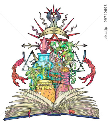 Mystic colorful styled illustration with occult, esoteric and gothic symbols of witch book and potion isolated on white, mysterious emblem and Halloween concept 99740698
