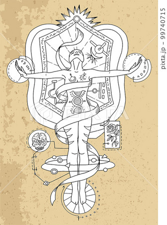 Black and white vector graphic illustration with mystic, esoteric and occult symbol of human silhouette against vintage textured background Black and white vector graphic illustration with mystic, esoteric and occult symbol of human silhouette against vintage textured background 99740715