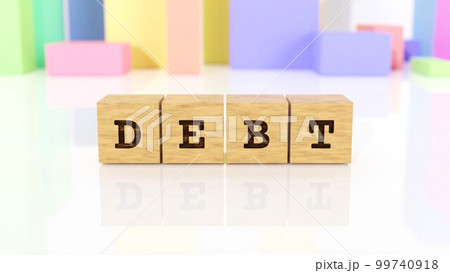 DEBTの文字が印字された木製ブロック 99740918