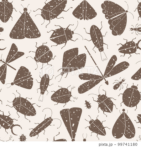 Grunge vector seamless pattern with vintage insects silhouette. Moth, butterfly, dragonfly, ant, ladybug. 99741180