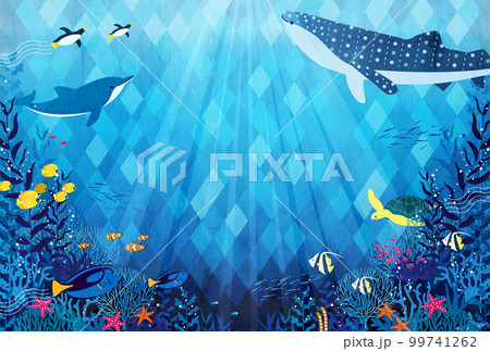 海中の魚やイルカ、ジンベエザメの暑中見舞いのベクターイラスト背景 海中の魚やイルカ、ジンベエザメの暑中見舞いのベクターイラスト背景 99741262