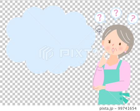 不安な表情のエプロン姿の中年女性と吹き出し 99741654