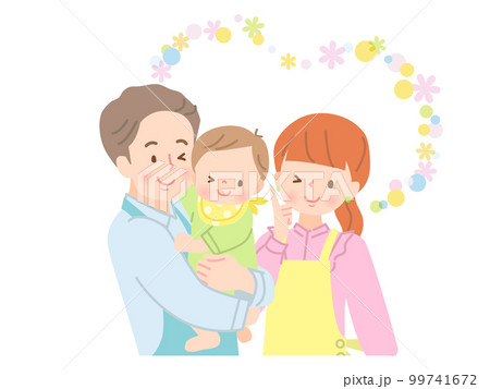 赤ちゃんを抱っこしたパパと笑顔のママ 赤ちゃんを抱っこしたパパと笑顔のママ 99741672