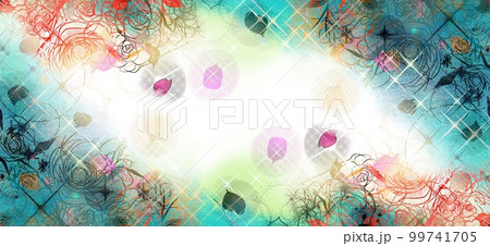少女漫画キラキラ輝く星々とピンクの薔薇と花びらが舞うペン画カラーイラスト 99741705