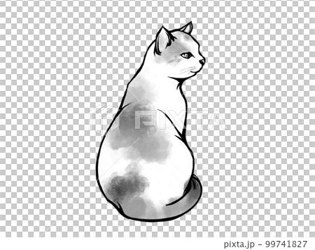 後ろ姿で振り向く三毛猫のイラスト素材（モノクロ） 99741827