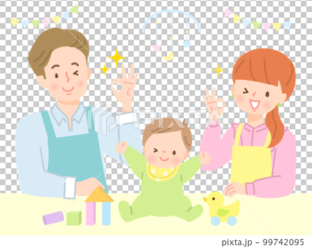 元気に遊ぶ赤ちゃん見守るパパとママ 99742095