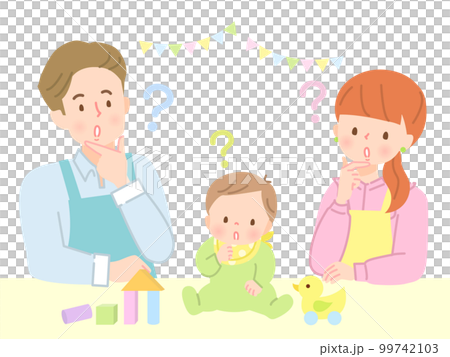 一個表情困擾的嬰兒和爸爸媽媽的插圖素材 99742103