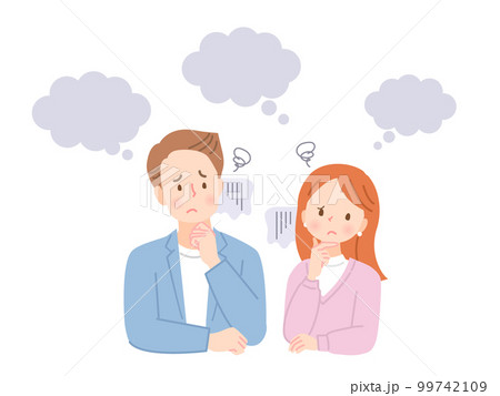考える、困った表情の若い男女のイラスト素材 考える、困った表情の若い男女のイラスト素材 99742109