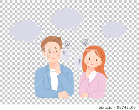考える、困った表情の若い男女のイラスト素材 考える、困った表情の若い男女のイラスト素材 99742109