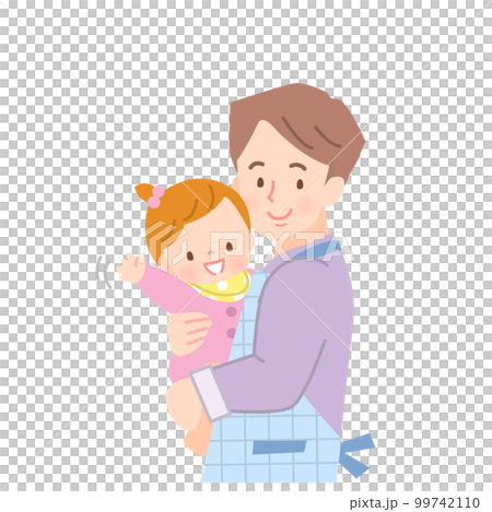 A man in an apron holding a waving baby 99742110