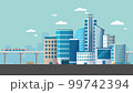 Modern city panorama with sky train.Big city landscape with cars on road flat vector illustration.Cityscape with buildings 99742394