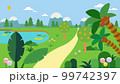 Tropical nature landscape with road.Summer natural scene with pond, orange trees, mountains, clouds, flowers, and palm trees.Vector illustration 99742397