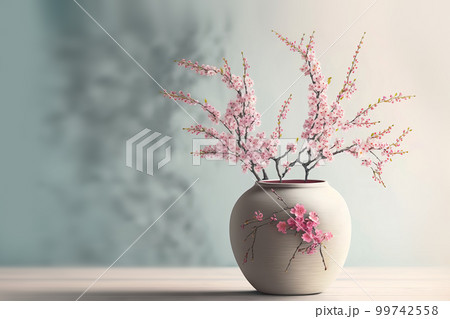 Blossoming cherry sakura bouquet in a vase on a gray background. Spring Japanese Still Life. Generative AI illustration 99742558