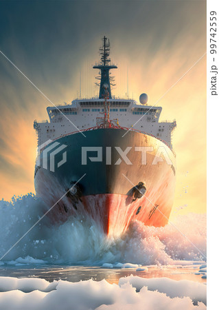 Icebreaker breaks ice hummocks and ice floes in the Arctic Ocean against of dramatic sky. Generative AI illustration 99742559