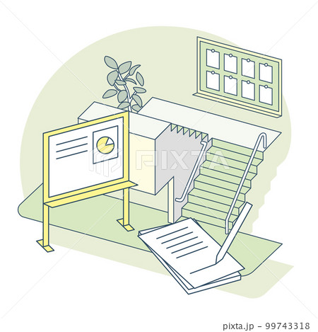 階段と看板。説明をするための道具と、メモをする紙 階段と看板。説明をするための道具と、メモをする紙 99743318