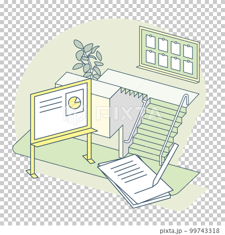 階段と看板。説明をするための道具と、メモをする紙 階段と看板。説明をするための道具と、メモをする紙 99743318