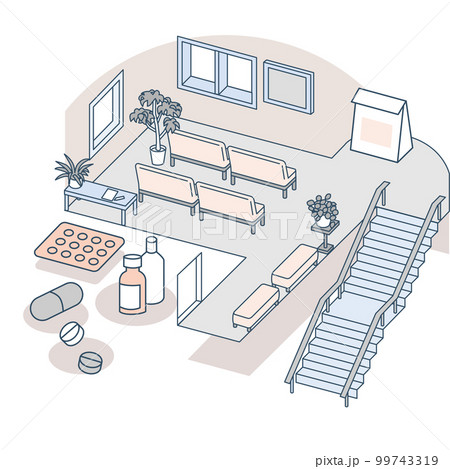 階段の上にある待合スペース。病院の受付 階段の上にある待合スペース。病院の受付 99743319