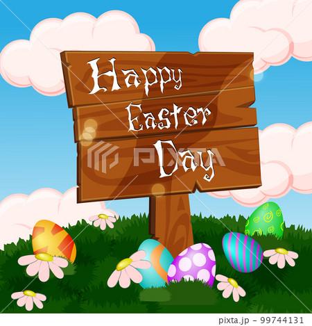 small clearing with eggs for easter day with beautiful sky 99744131