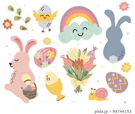 set of vector flat illustrations easter easter bunnies eggs flowers 99744152