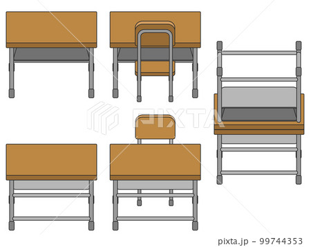 角度のついていない学校の机と椅子　主線あり 99744353