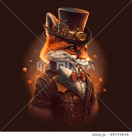 Fox gentleman in a beautiful hat.Steampunk style Fox gentleman in a beautiful hat.Steampunk style 99744648
