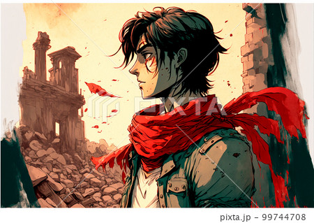 The guy in the red coat looks at the ruins of the city. Anime style, based on Attack on Titan 99744708