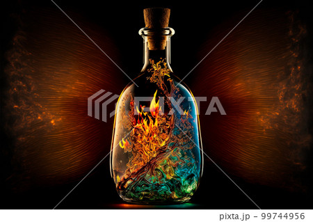 A bottle filled with colorful liquid fire 99744956