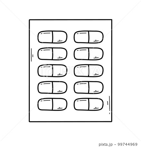 Blister with pills. Medicine in doodle style. Linear medical capsules. Vector illustration. Blister with pills. Medicine in doodle style. Linear medical capsules. Vector illustration. 99744969
